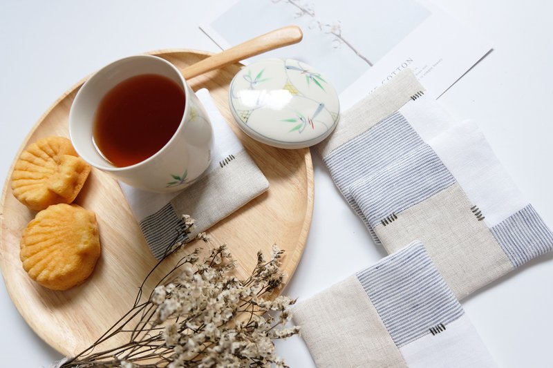 Little Things Coaster Set 010 - Blue Stripe Beige (4 Pieces /Set ) - 杯垫 - 棉．麻 白色
