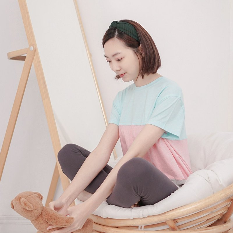 MIT有机棉拼接短袖长版居家服-蓝/粉 - 居家服/睡衣 - 棉．麻 蓝色