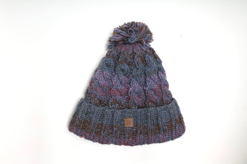 紫咖毛球杂线翻边纯羊毛线手工编织全衬防风毛帽|交换礼物|圣诞节 - 帽子 - 羊毛 紫色