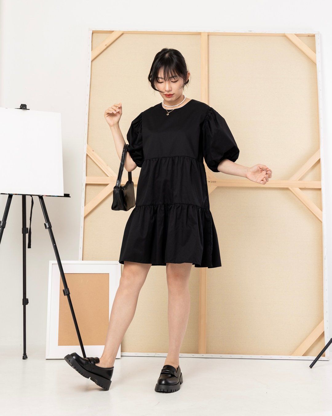 BLACK PUFF SLEEVE OVERSIZED DRESS - 洋装/连衣裙 - 棉 黑色