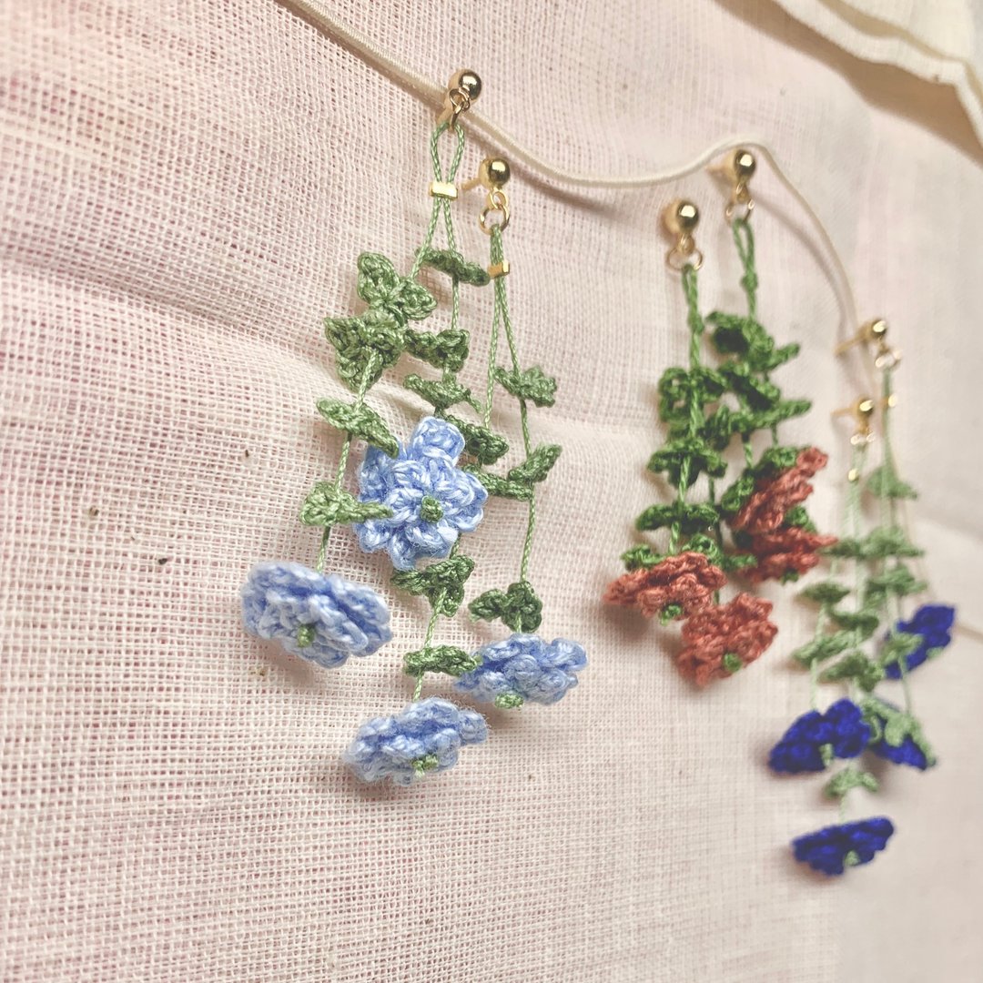 A Bunch of Flowers • 花束 粉蓝色 垂坠耳环 耳针 耳夹 共12色 - 耳环/耳夹 - 棉 蓝色