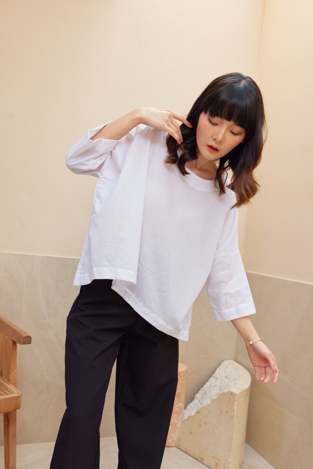 Lightweight 100% Linen Oversized 3/4 Long Sleeve Top Unisex - 女装上衣 - 亚麻 白色