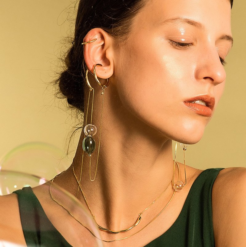 Bubble Nebula - 气泡星云系列 双圈耳夹+气泡长耳线-金 - 耳环/耳夹 - 纯银 金色