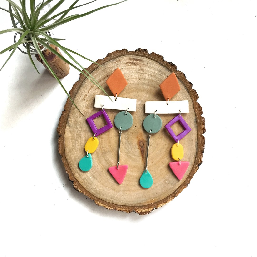 软陶耳环 Clay earrings 几何图形设计款 - 耳环/耳夹 - 环保材料 多色