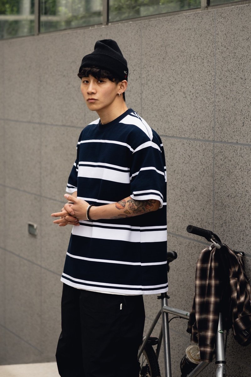 25SS日系cityboy300G条纹定织定染洗水廓形宽松休闲短袖T恤 - 男装上衣/T 恤 - 棉．麻 蓝色