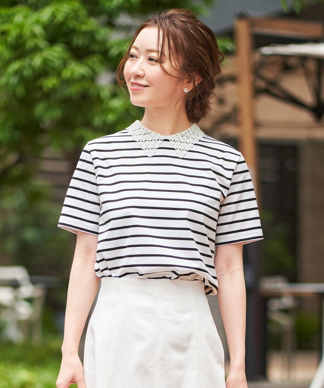 T恤蕾丝领针织千叶尤卡和谢里姆全2色 - 女装 T 恤 - 棉 白色