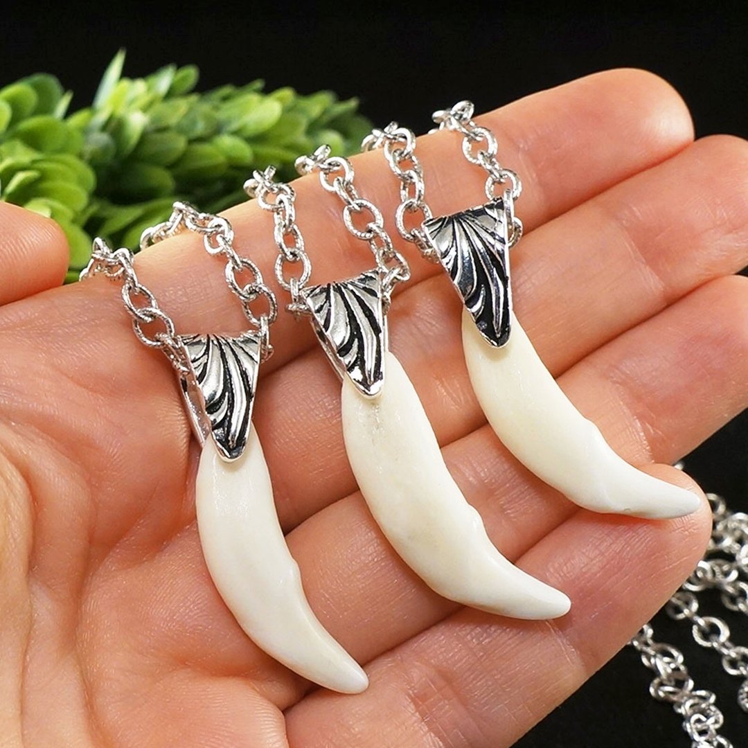 Real Wolf Tooth Necklace White Wolf Teeth Fang Tusk Pendant Necklace Jewelry - 项链 - 其他材质 白色
