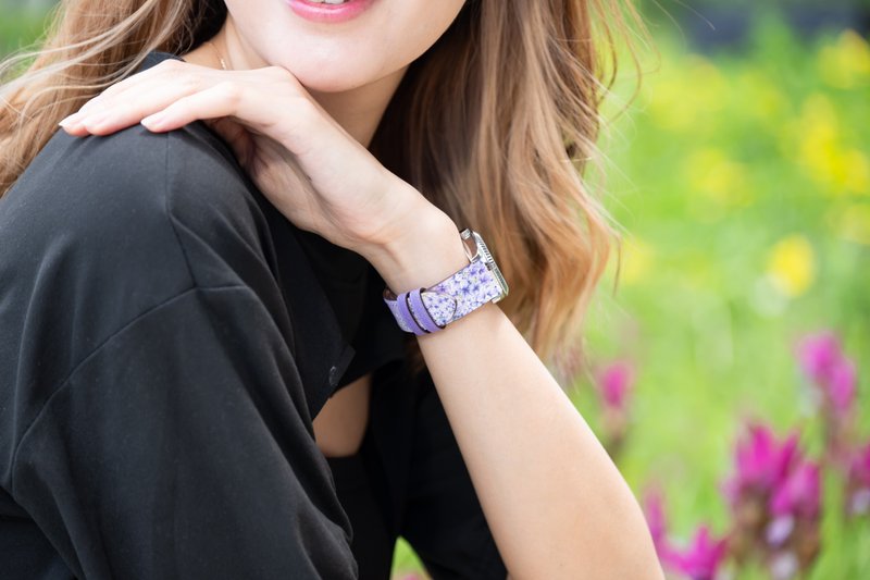 薰衣草印花紫色 Apple Watch 苹果表带 4/5/6/7/8/9/10/SE/Ultra - 表带 - 真皮 紫色