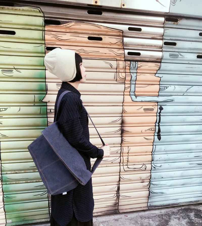 口袋名单书包/软帆布/蓝灰色/侧背包/肩背包 - 侧背包/斜挎包 - 棉．麻 蓝色