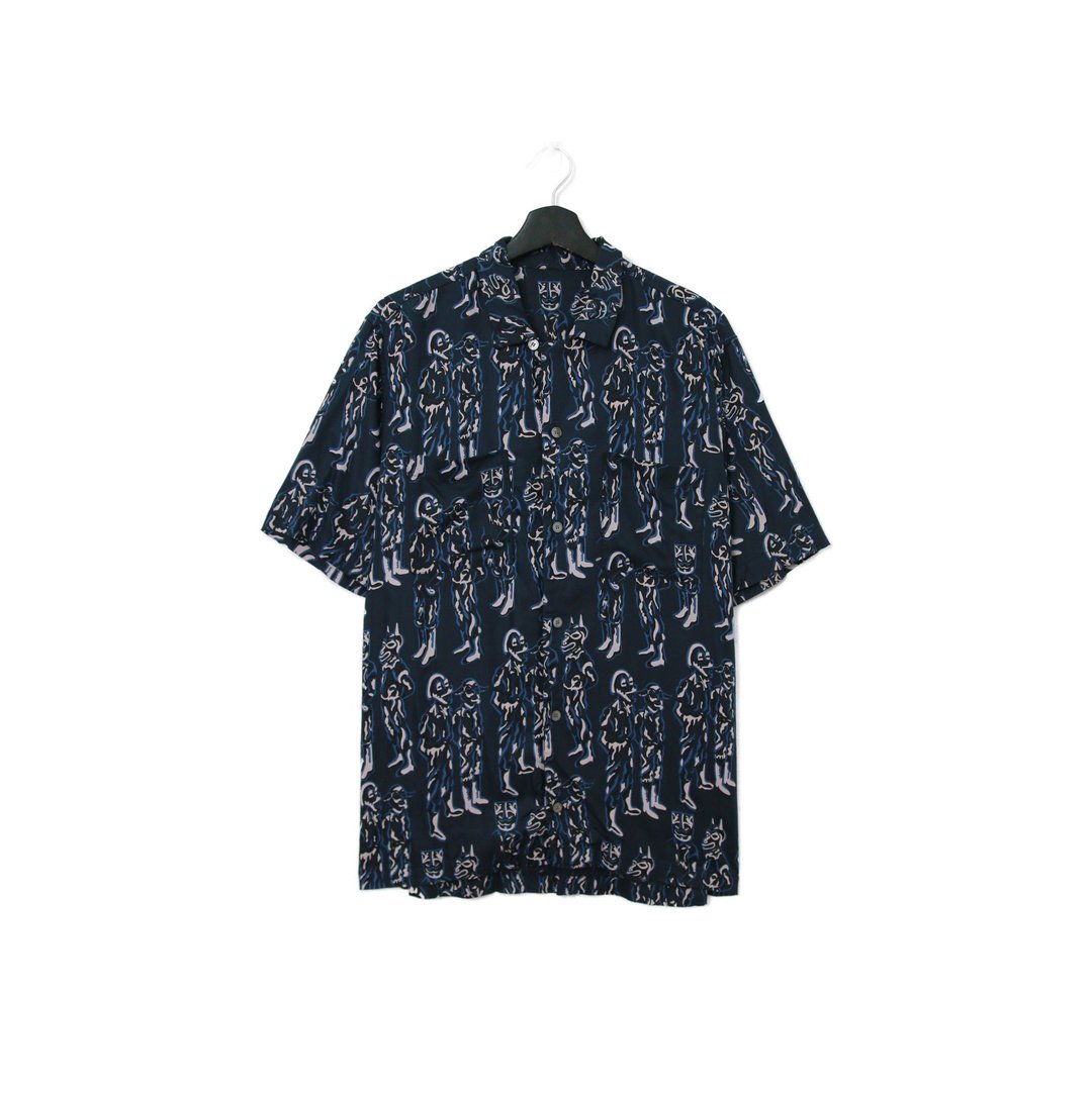 Back to Green- 短袖花衬衫 狗头插画满版 ss-09 vintage shirt - 男装衬衫 - 丝．绢 