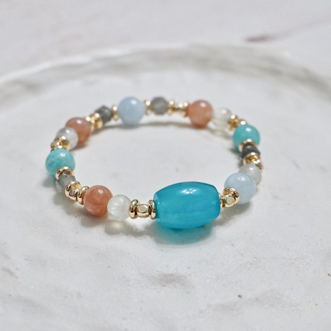 ll 透水冰晰 ll 天然石手环-天河石 太阳石 拉长石 葡萄石 海蓝宝 - 手链/手环 - 半宝石 多色