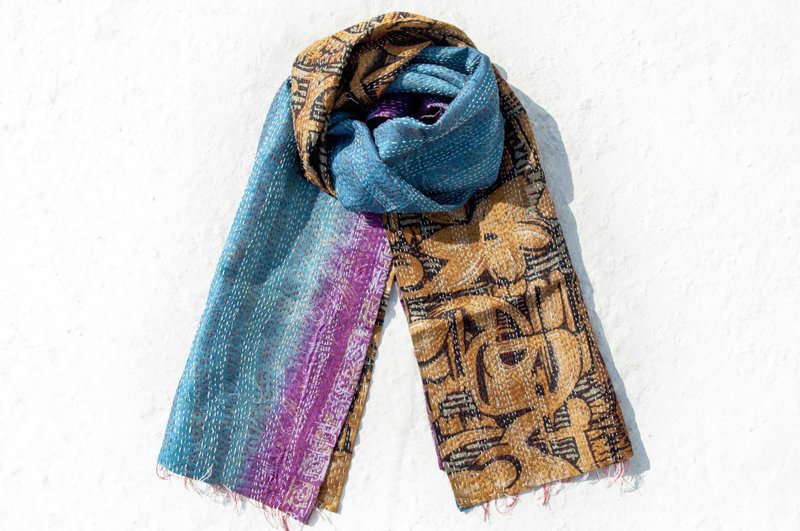 手工缝纱丽布丝巾/丝绸刺绣围巾/印度丝绸刺绣丝巾-渐层几何图腾 - 丝巾 - 丝．绢 多色