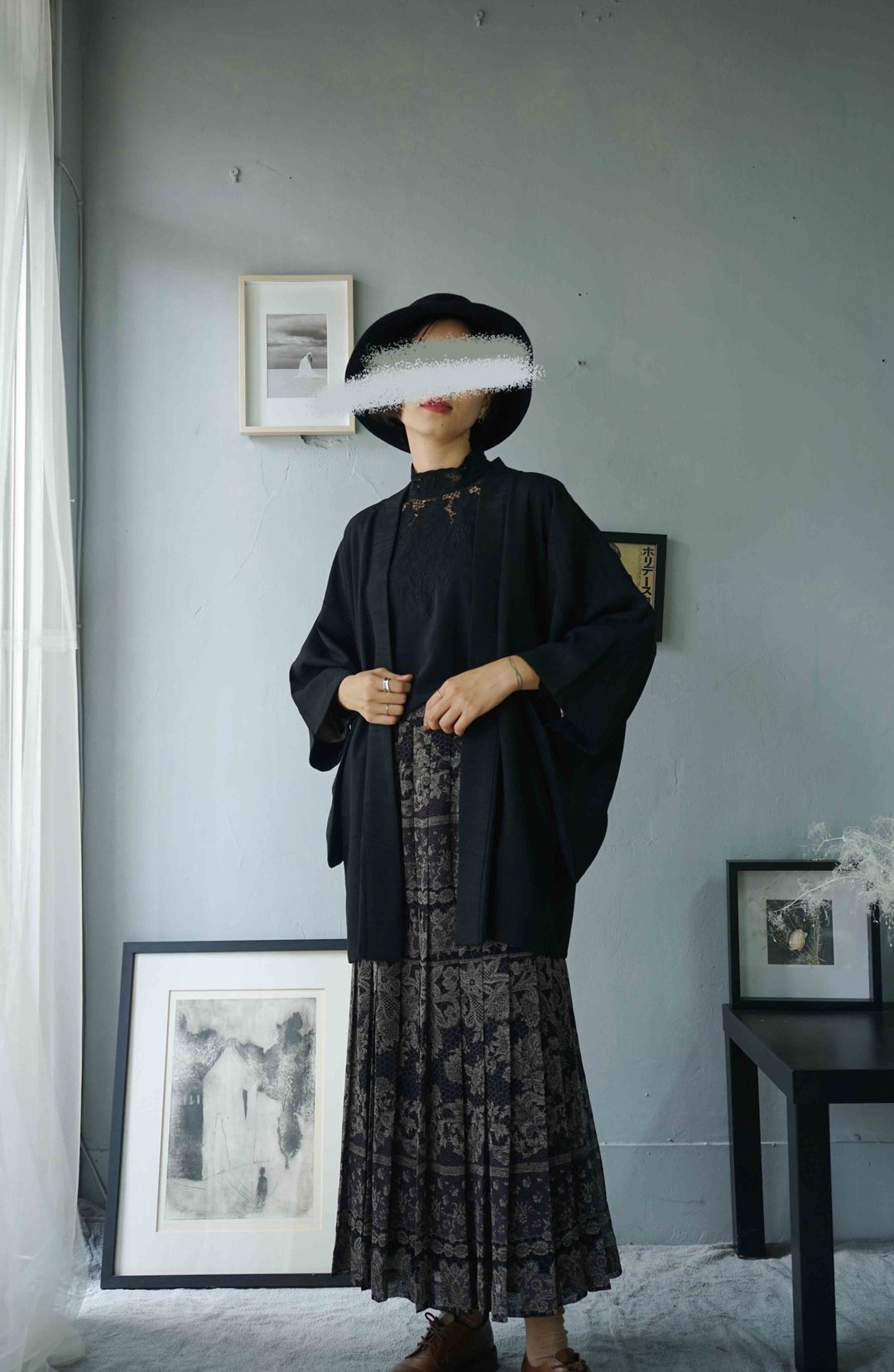 寻宝古着-日式和服黑色浮世绘缇花羽织开襟外套罩衫 - 女装休闲/机能外套 - 聚酯纤维 黑色