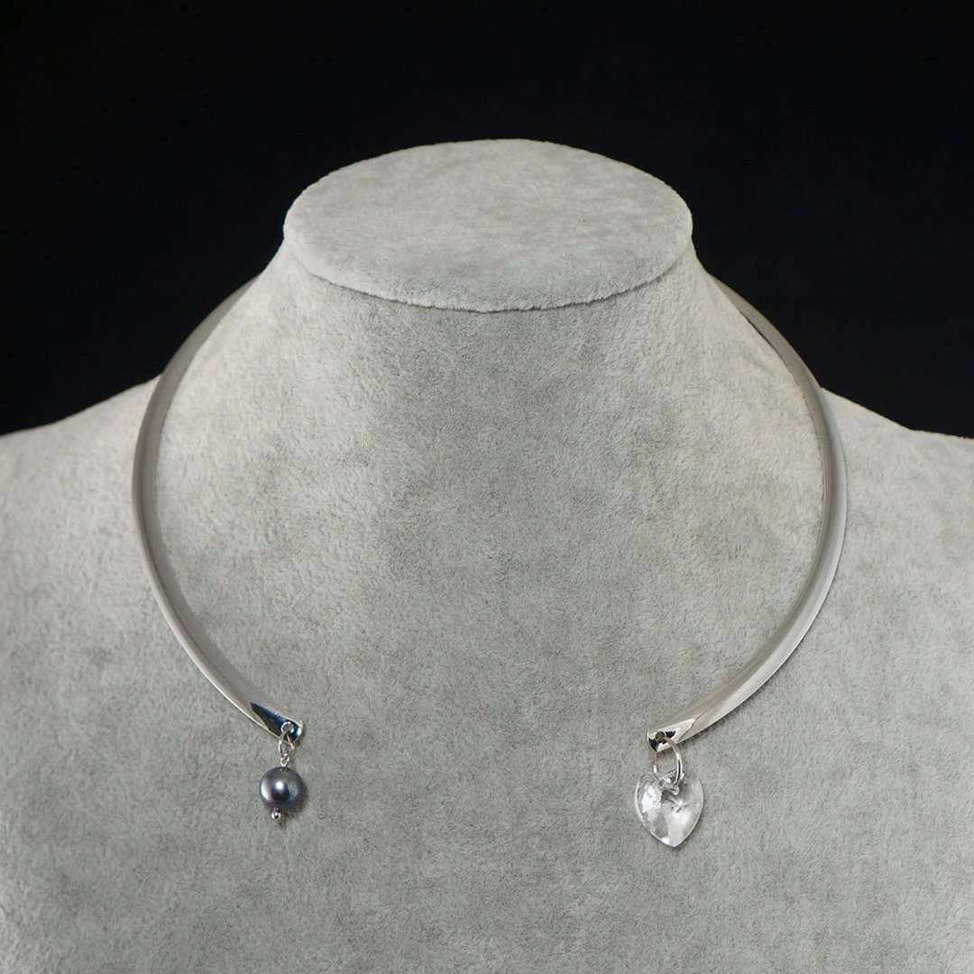 Silver Metal Clear Heart Crystal Blue Pearl Charm Choker Necklace Jewelry Gift - 颈链 - 其他材质 银色