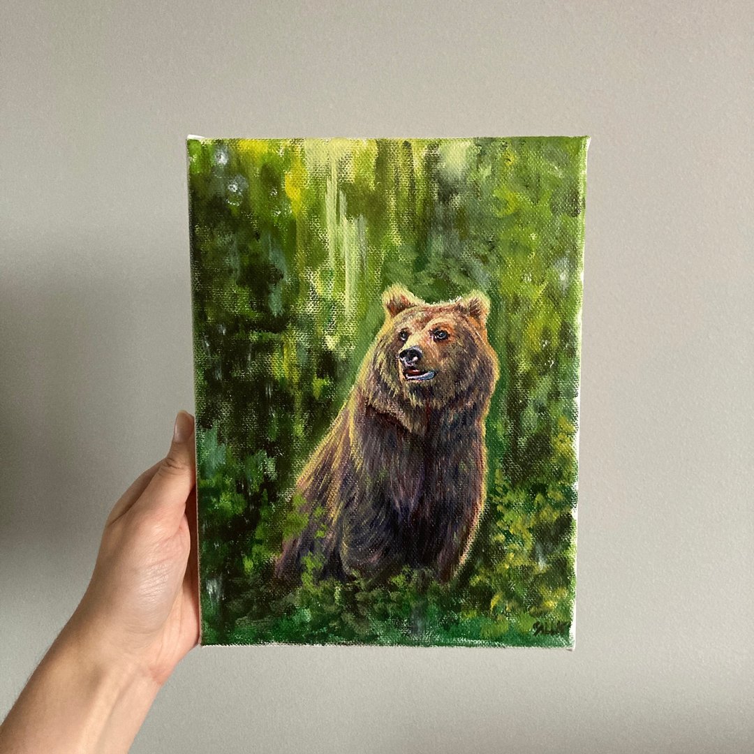 熊画、原创油彩画、动物画、小画 - 墙贴/壁贴 - 棉 绿色