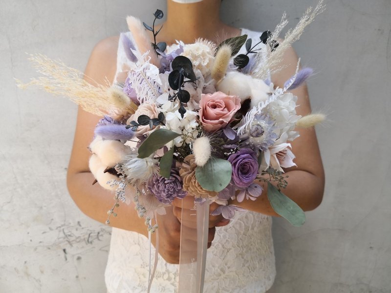 莫兰迪紫棉花玫瑰干燥花束 卡斯比亚 生日花束 拍 - 干燥花/捧花 - 植物．花 紫色