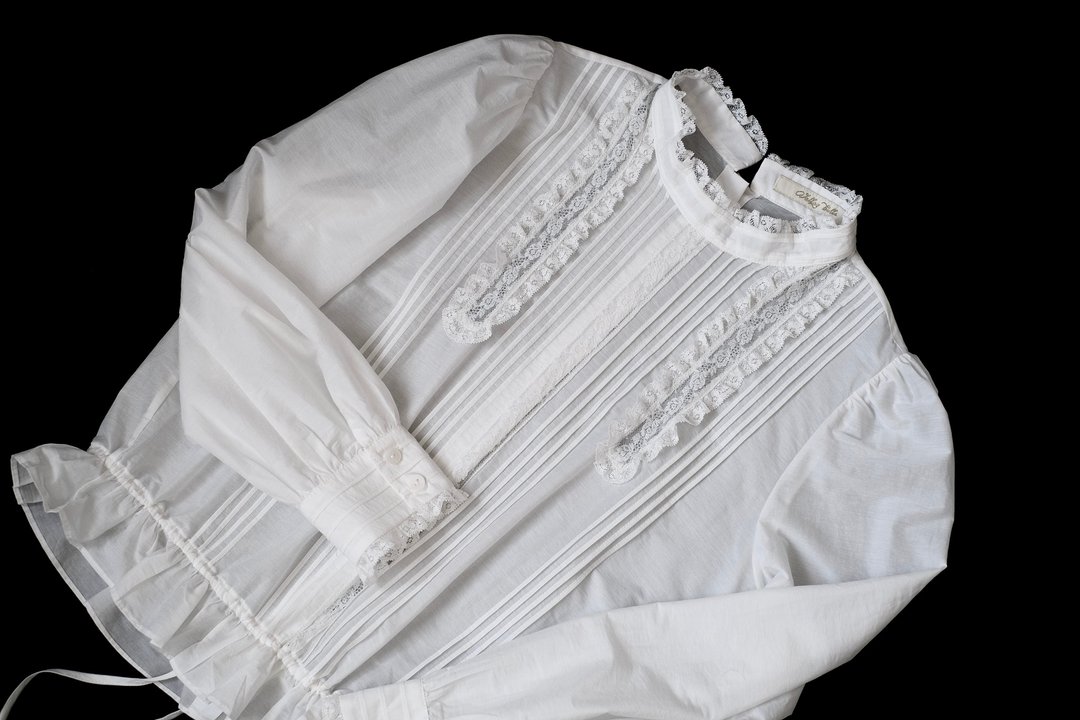 复古衬衫 vintage 法国蕾丝 leavers lace 风琴褶 手工做 - 女装衬衫 - 棉 白色