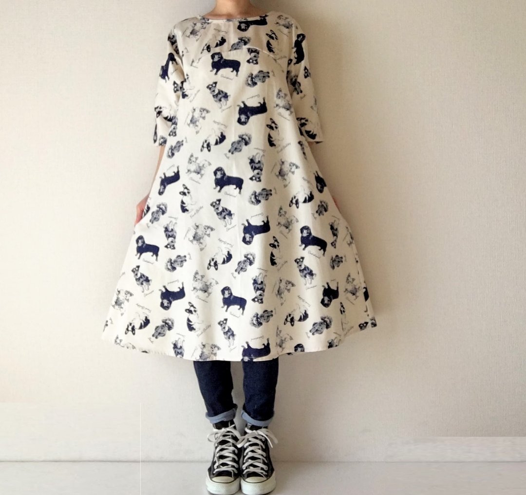 dogs　one-piece　dress　white - 洋装/连衣裙 - 棉 白色