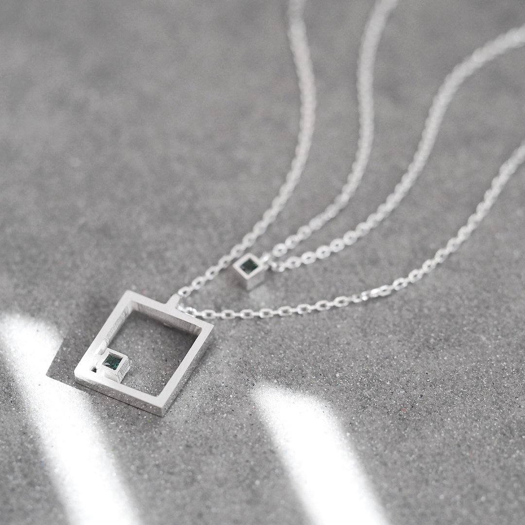 2 pieces set) Emerald frame square pair necklace Silver 925 - 项链 - 其他金属 绿色