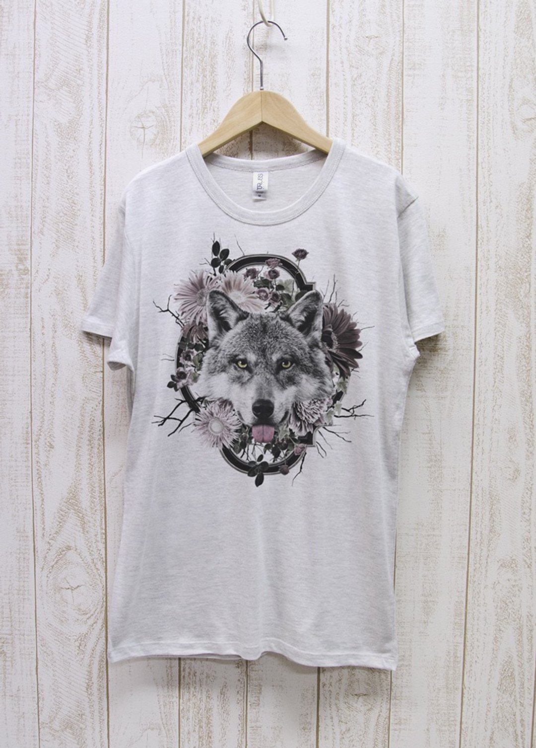ronronWOLF Tee Flower Frame Heather White / R023-TT-HWH - 中性连帽卫衣/T 恤 - 棉．麻 白色