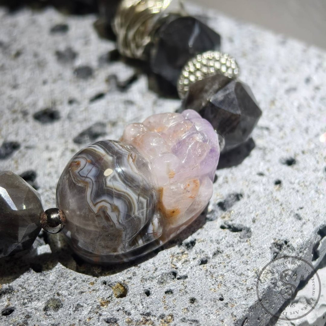 【Dream Crystal Art】灵感洞察 - 极光玛瑙貔貅银曜角珠设计款手串 - 手链/手环 - 半宝石 紫色