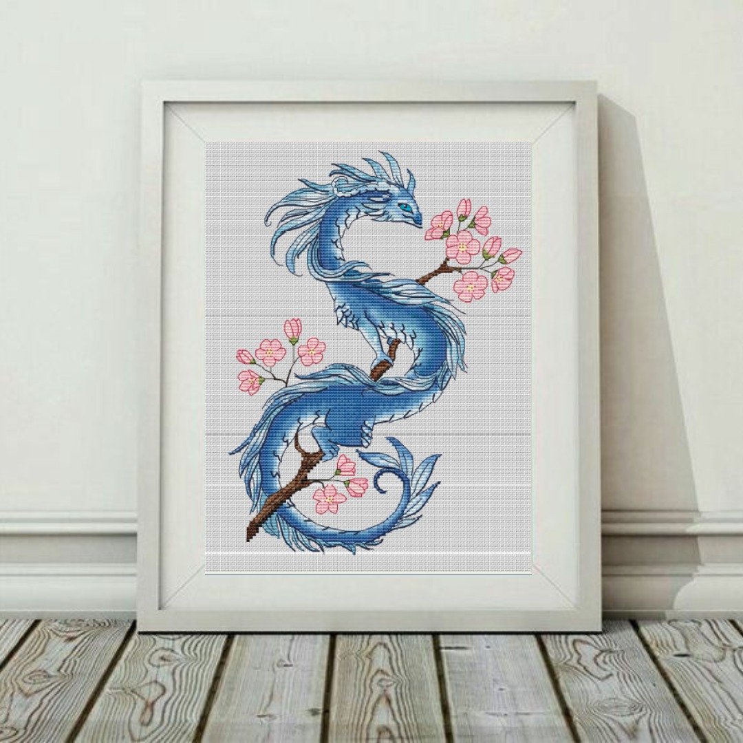 Blue dragon with sakura, wall art, gift, painting for living room, made to order - 海报/装饰画/版画 - 棉．麻 蓝色