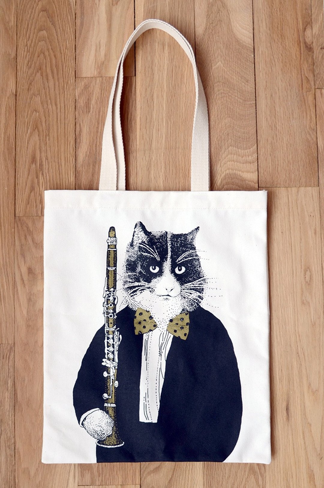 竖笛猫肖像画帆布袋-出清 - 侧背包/斜挎包 - 棉 金色