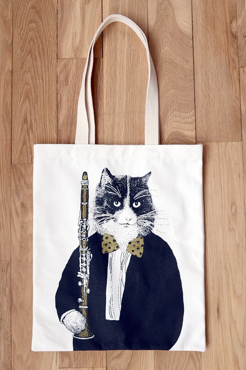 竖笛猫肖像画帆布袋-出清 - 侧背包/斜挎包 - 棉．麻 金色