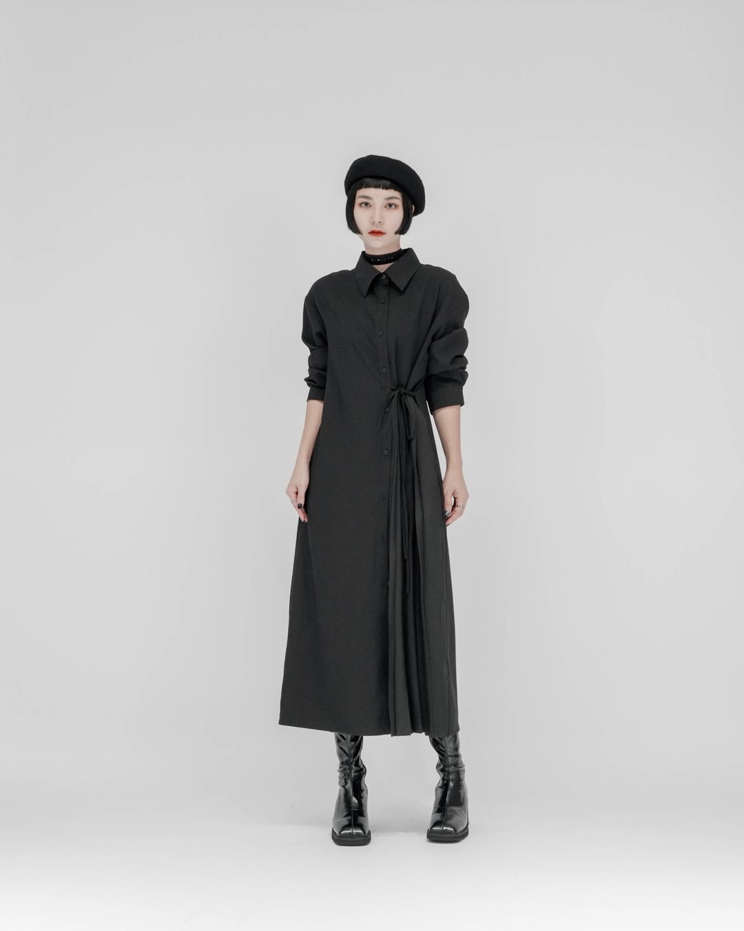 MUKK DESIGN 异材质拼接百褶衬衫洋装 - 洋装/连衣裙 - 其他材质 黑色