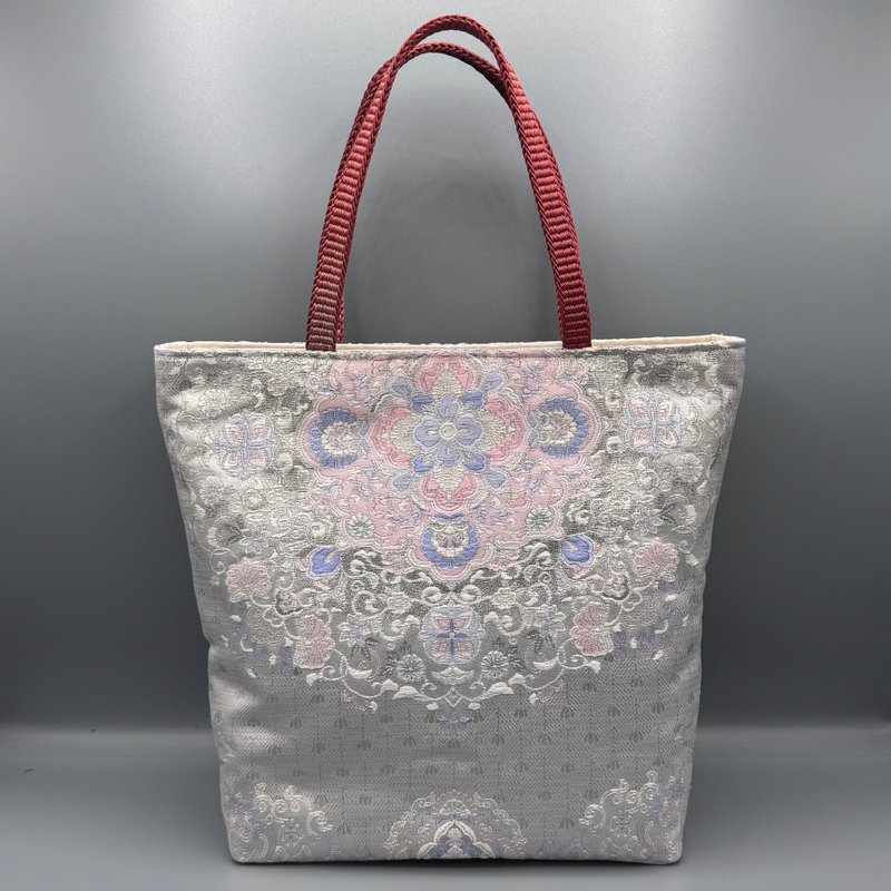 【附底板】和服 腰带 腰绳 手工 托特包 改制 银色 粉色 - 手提包/手提袋 - 丝．绢 银色