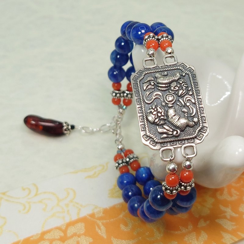 手链 天然 蓝晶石 红珊瑚 琥珀 尖晶石 琉璃珠 925银饰 双狮戏球 - 手链/手环 - 宝石 蓝色