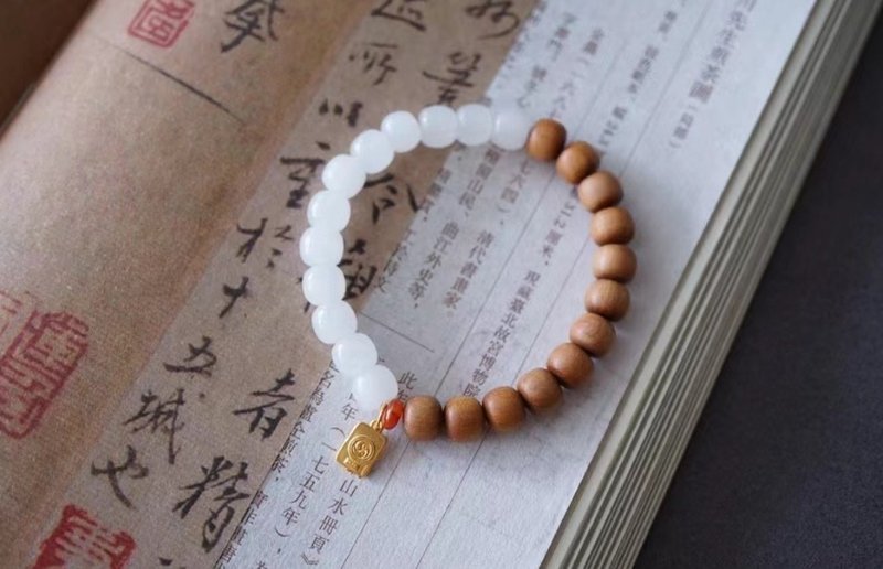 6mm索迈尔 原生老山檀 白玉古法银扎吉拉姆设计单圈手串s - 手链/手环 - 木头 咖啡色