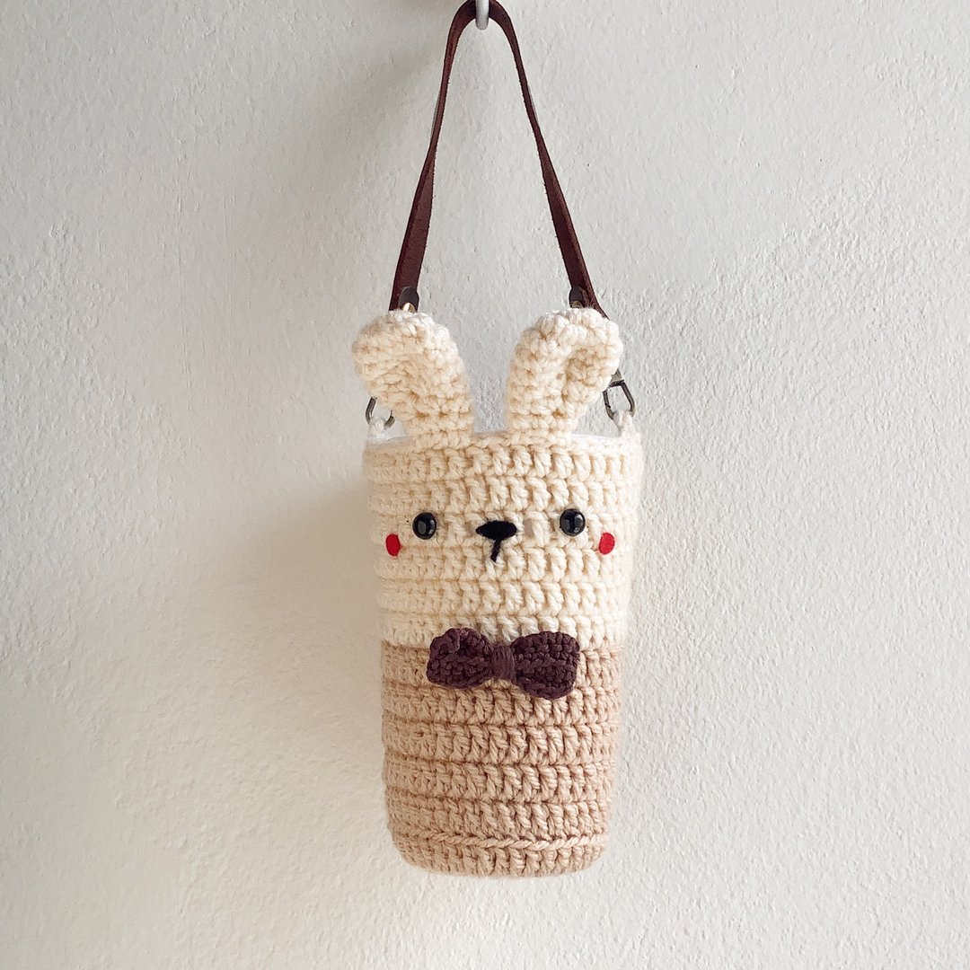 Drink Bag -16oz | Rabbit no.1, Eco Beverage Holder, Crochet Cotton - 随行杯提袋/水壶袋 - 棉．麻 卡其色