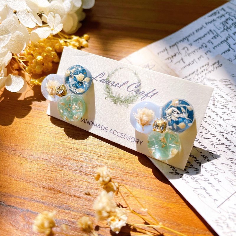 莫兰迪色系列 圆圆圈圈 组合款 925纯银针耳环/无痛耳夹 - 耳环/耳夹 - 植物．花 蓝色