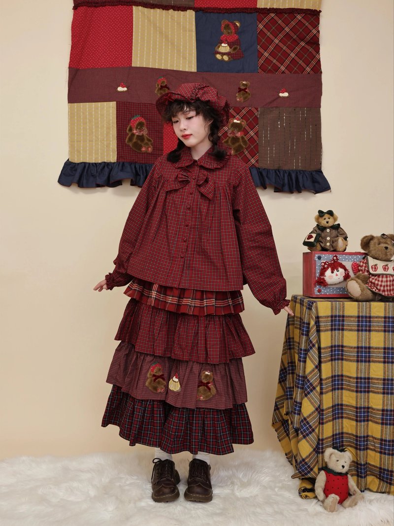 古着感 红格子蝴蝶结花边衬衫 - 洋装/连衣裙 - 其他材质 红色