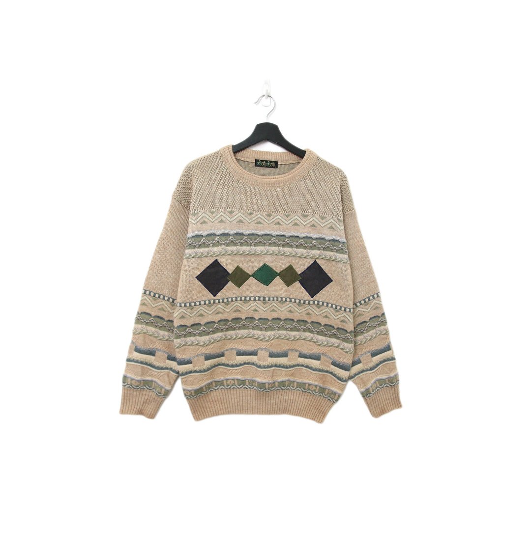 Back to Green-复古毛衣 卡其 菱形层次 ws-30 vintage sweater - 男装针织衫/毛衣 - 聚酯纤维 