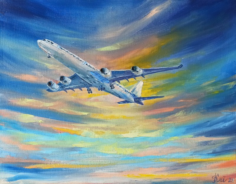 Airplane Painting Aviation Canvas Oil Painting Clouds Original Art Sky Wall Art - 海报/装饰画/版画 - 其他材质 多色