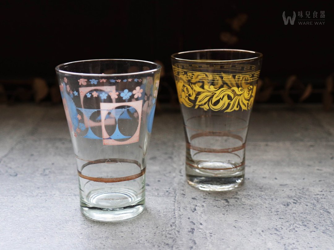 早期印花酒杯－春日昭和&黄叶雷纹 (旧物/老件/玻璃/图花/伞状) - 酒杯/酒器 - 玻璃 多色