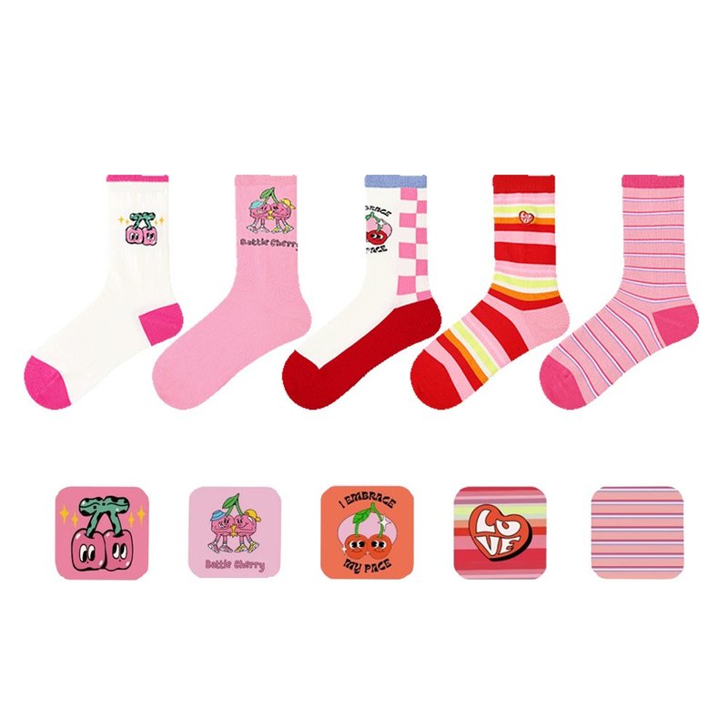 【推荐】粉色甜美少女风樱桃中筒袜  五双组合女袜 - 袜子 - 棉．麻 