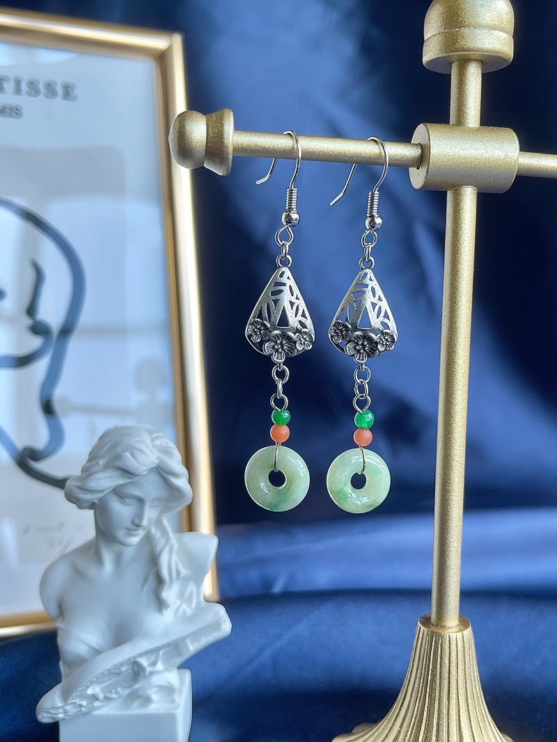 售天然缅甸翡翠-冰透黄加绿甜甜圈925银耳环  送礼 耳夹 玉 - 耳环/耳夹 - 玉石 绿色