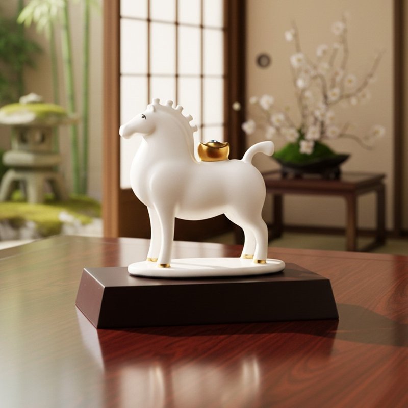 吉星马上有财摆饰 / 小 / 牙白鎏金 (含木座) - 摆饰 - 瓷 白色