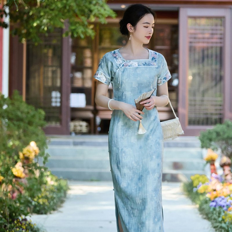 【躲喵喵】 新中式復古/平裁方形/古法旗袍 - 旗袍 - 其他材质 蓝色