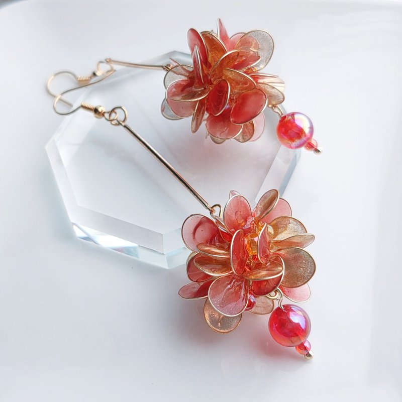 耀金红花球耳环/耳夹 - 耳环/耳夹 - 树脂 红色