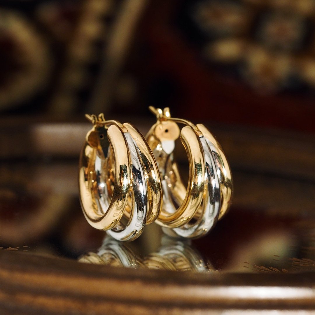 18K金三重环状耳环18K Gold Dual Gold Trio Hoop Earrings - 耳环/耳夹 - 贵金属 