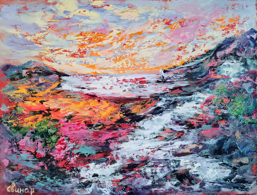 Boat Mountain Trees Flowers Sunset Original Art Oil Painting Artist Svinar Oksan - 其他 - 其他材质 多色