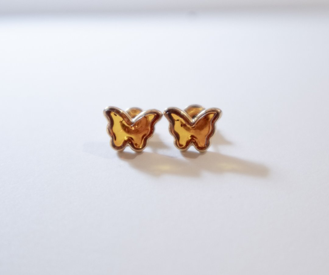 925 silver AMBER蝴蝶耳环。耳钉 - 耳环/耳夹 - 宝石 金色