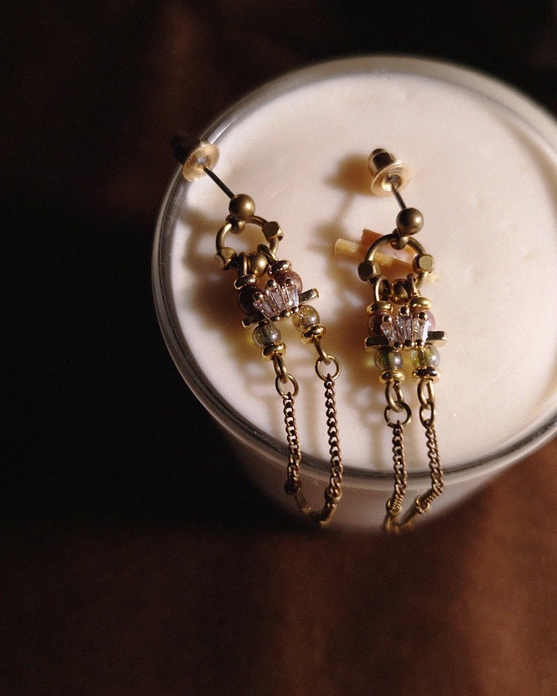 锆石珠链长耳环 - 进口珠 【孤品】 - 耳环/耳夹 - 铜/黄铜 多色