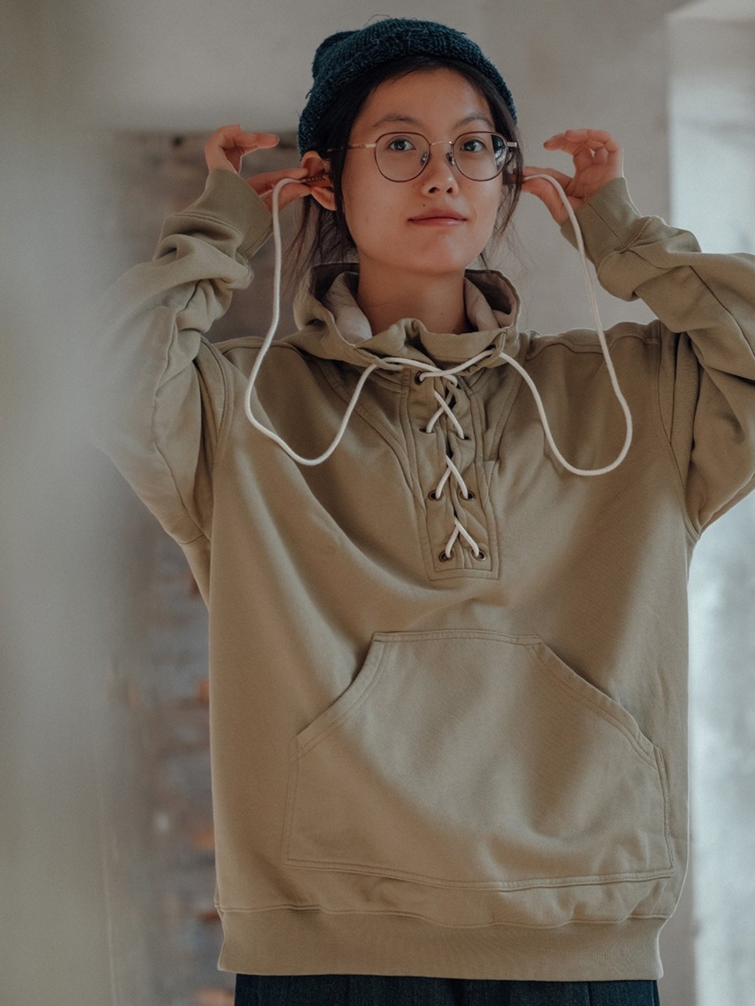 抹茶綠色 復古全棉基礎款衛衣 大學T 寬松休閒抽繩連帽上衣 - 女装上衣 - 棉 绿色