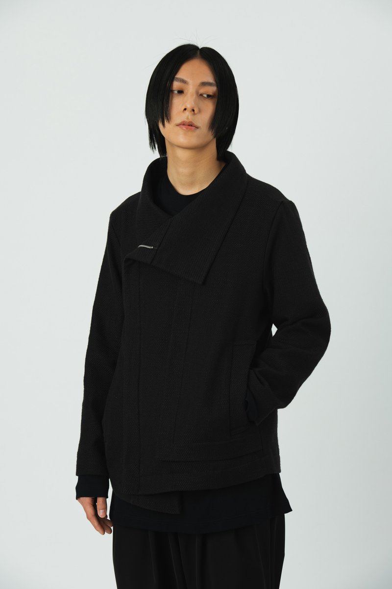 粗织纹翻领外套 - 男装外套 - 棉．麻 黑色