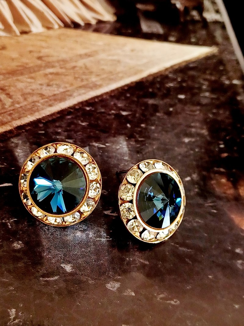 vintage jewelry  典雅深蓝莱茵钻 针式耳环 - 耳环/耳夹 - 其他金属 